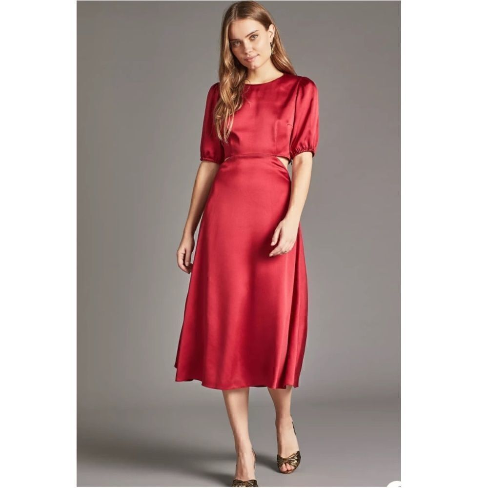 ANTHROPOLOGIE RED SATIN CUT OUT MIDI DRESS